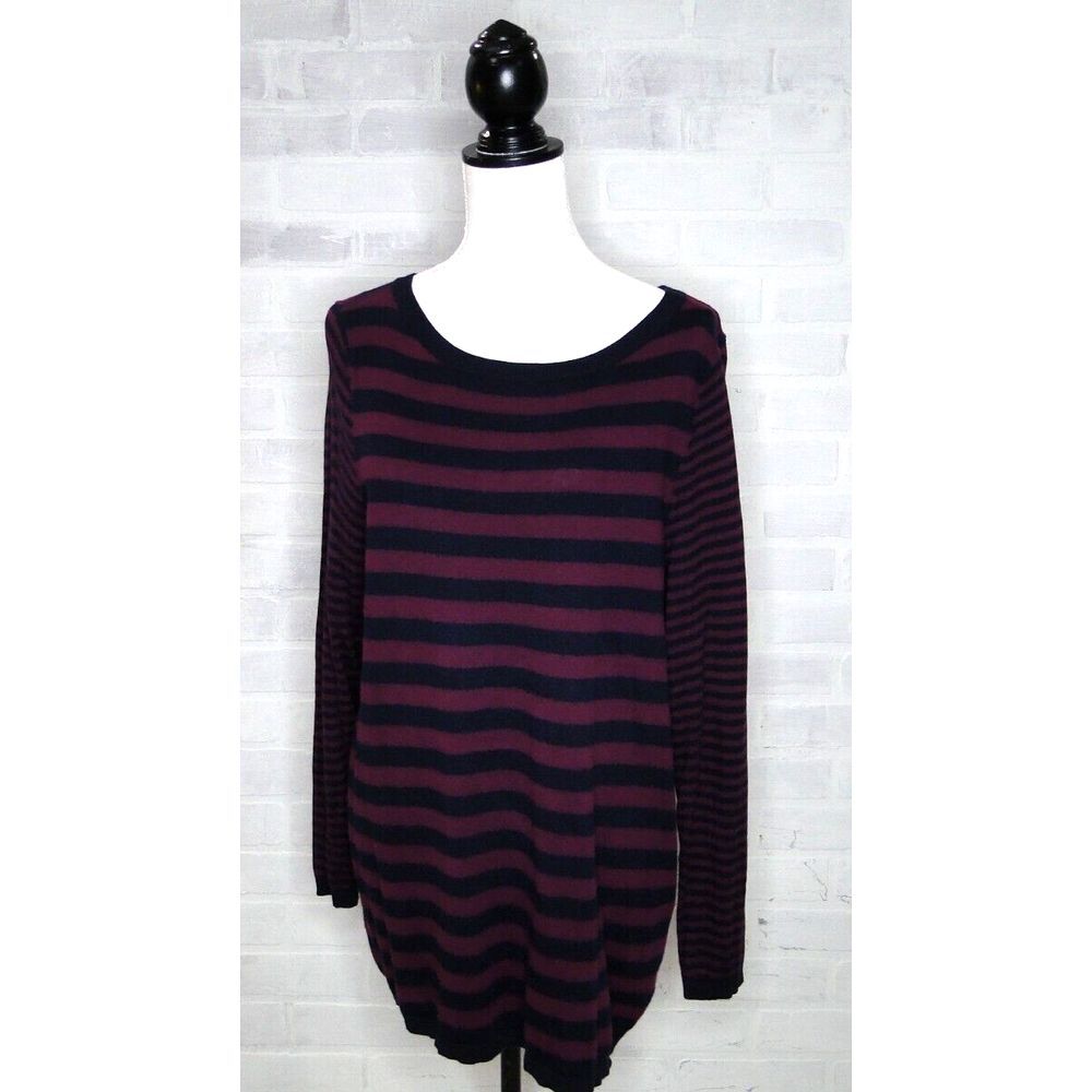 Talbots Sweater‎ Womens 1X Maroon Navy Striped Knit Long Sleeve
